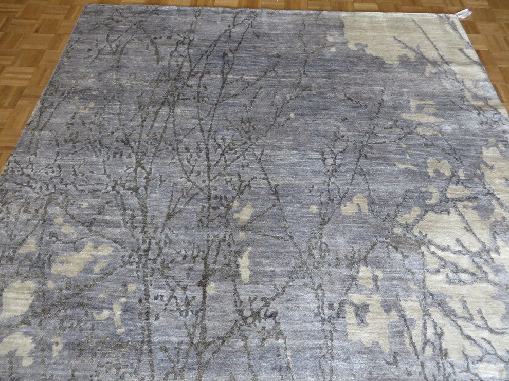 Hand Knotted Sky Blue Modern Abstract Oriental Rug With Silk, 8x10