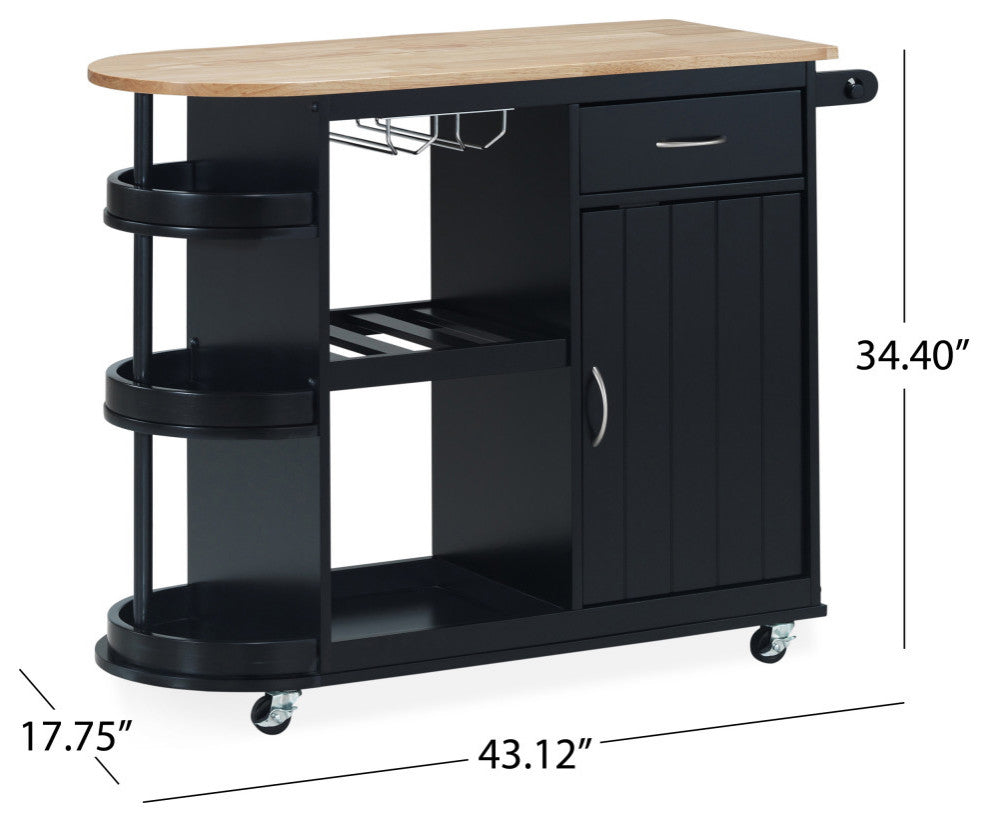 Chloe Kitchen Cart With Wheels, Black and Natural