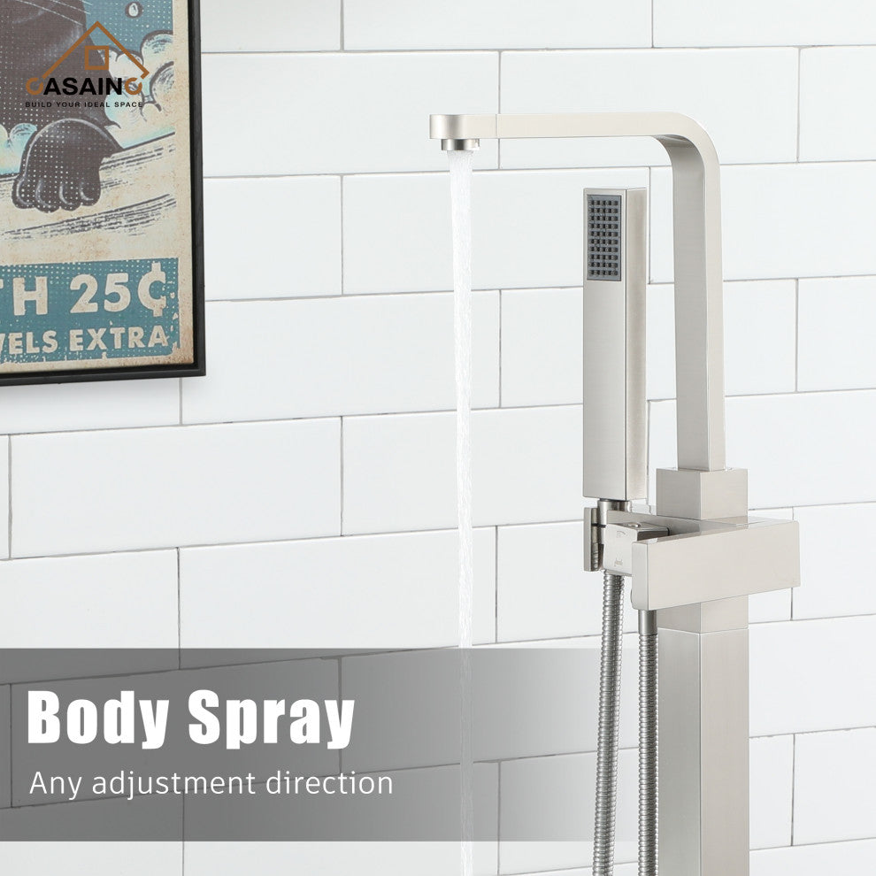 Floor Mount Tub Filler with Handheld Shower Head, Brushed Nickel
