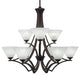 Zilo 9 Light Chandelier Shown, Dark Granite Finish With 7" Gold Ice Glass