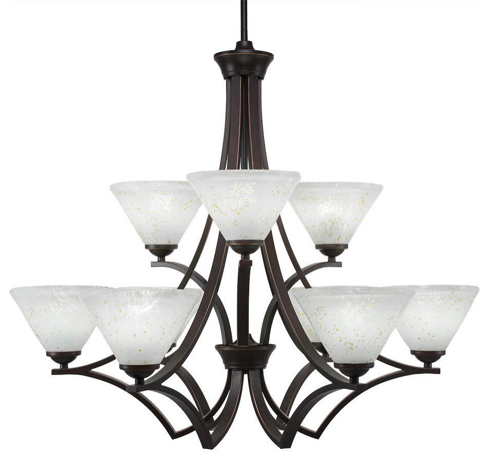 Zilo 9 Light Chandelier Shown, Dark Granite Finish With 7" Gold Ice Glass