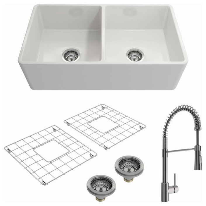 BOCCHI 1139-001-2020SS Farmhouse Fireclay 33 Inch Double Bowl Kitchen Sink Kit