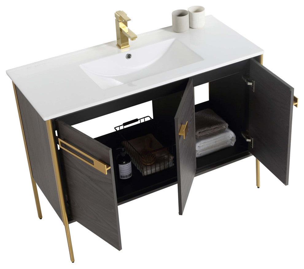Oakville Bath Vanity, Ceramic Sink, Black Coal Oak, 42 Inch, Satin Brass Hardwar