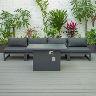 LeisureMod Chelsea 5-Piece Armless Patio Sectional and Fire Pit Set, Black