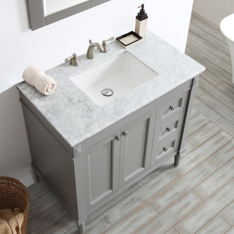 Catania 36" Vanity in Grey with Carrara White Marble Countertop With Mirror