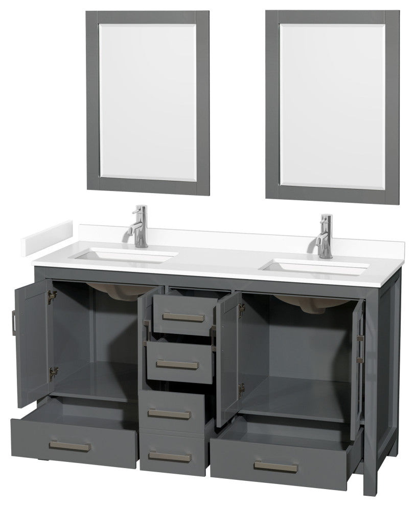 60"DBL Vanity Dark Gray, White Cult. Marble Countertop, Sinks, 24"Mirrors