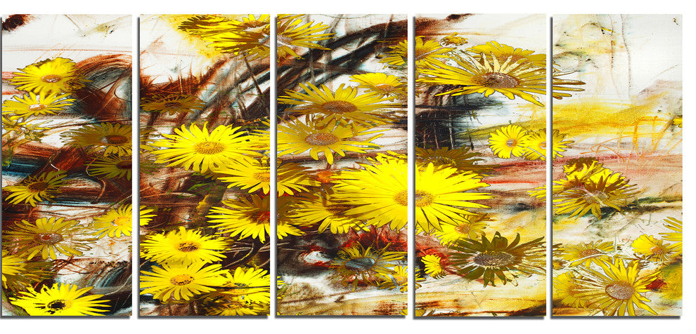 Yellow Flowers Watercolor Illustration, Floral Art Canvas Art, 60"x28", 5 Panels