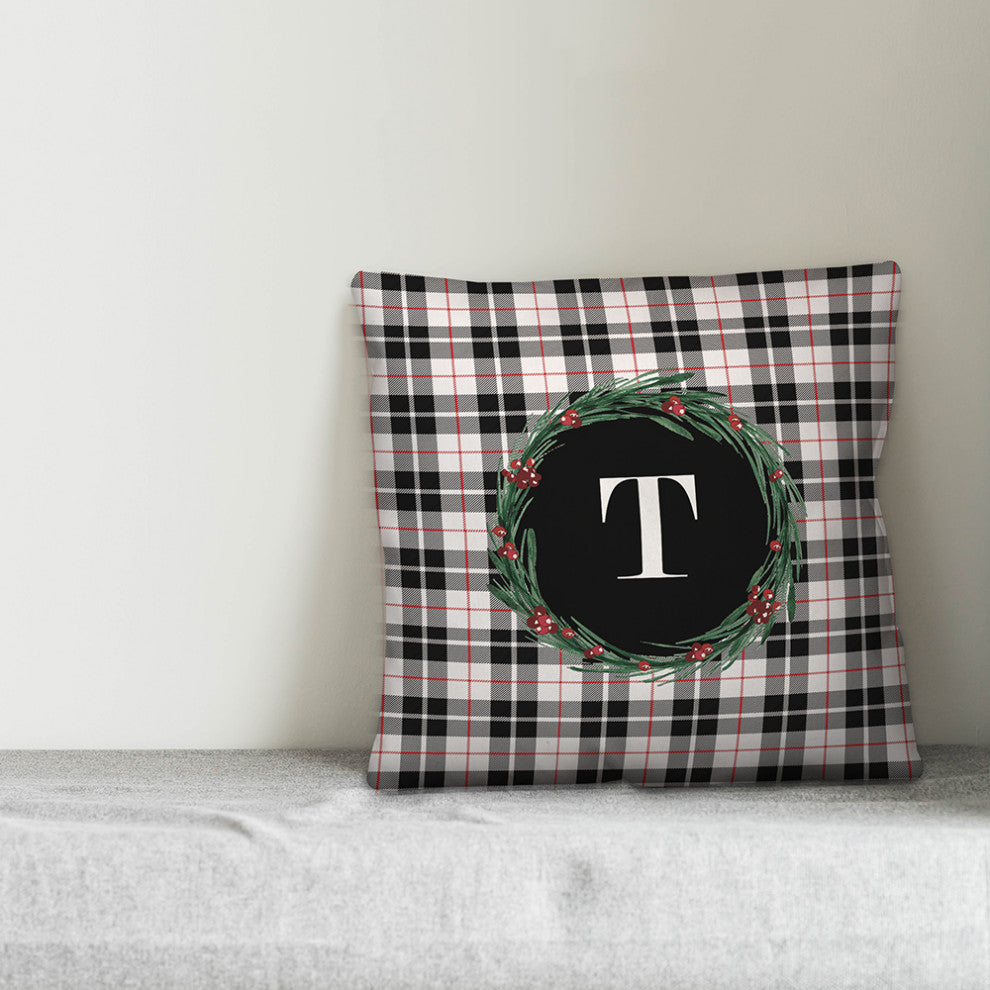 Black Plaid Monogram Wreath T 18x18 Spun Poly Pillow