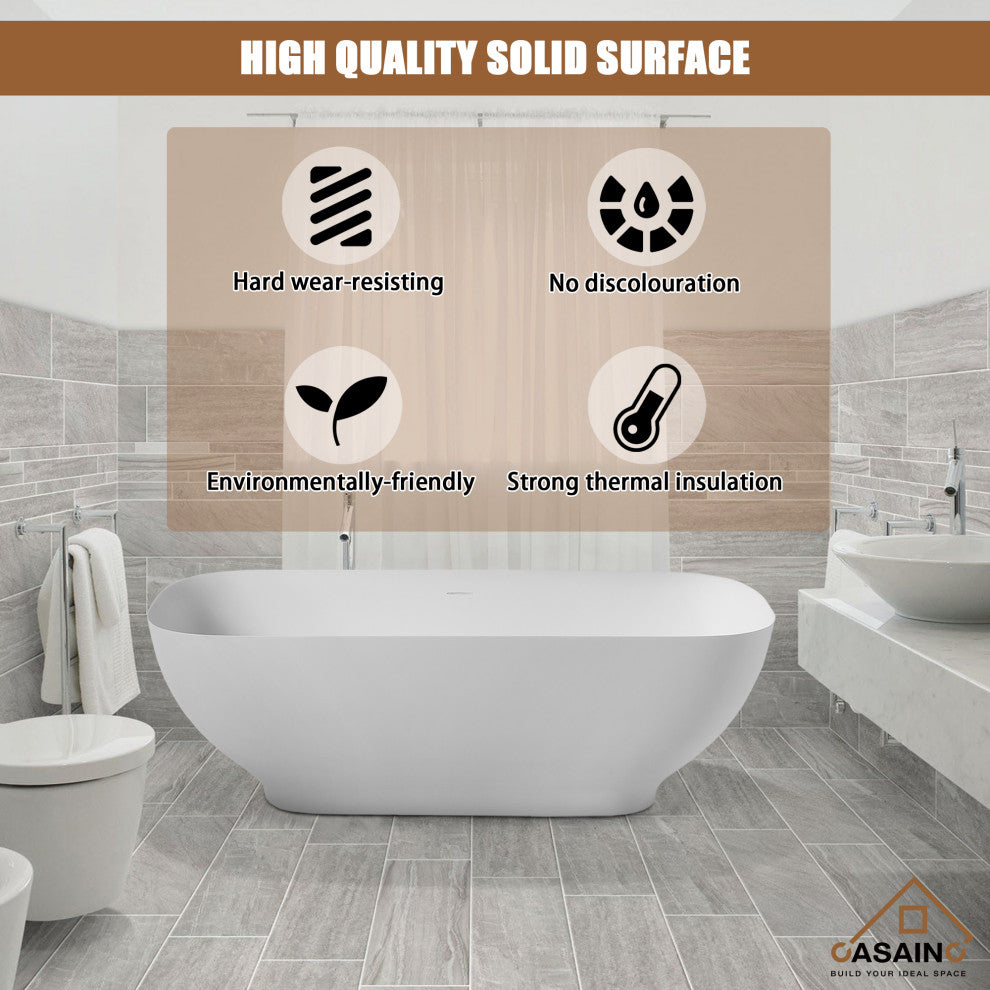 63in Solid Surface Freestanding Bathtub in Matte White, 63in
