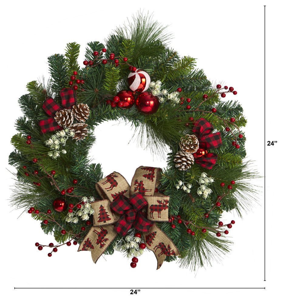 Nearly Natural 24ï¿½Christmas Pine Artificial Wreath / Pine Cones and Ornaments