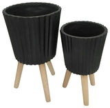 11/15" Ridged Planter With Wood Legs, Black