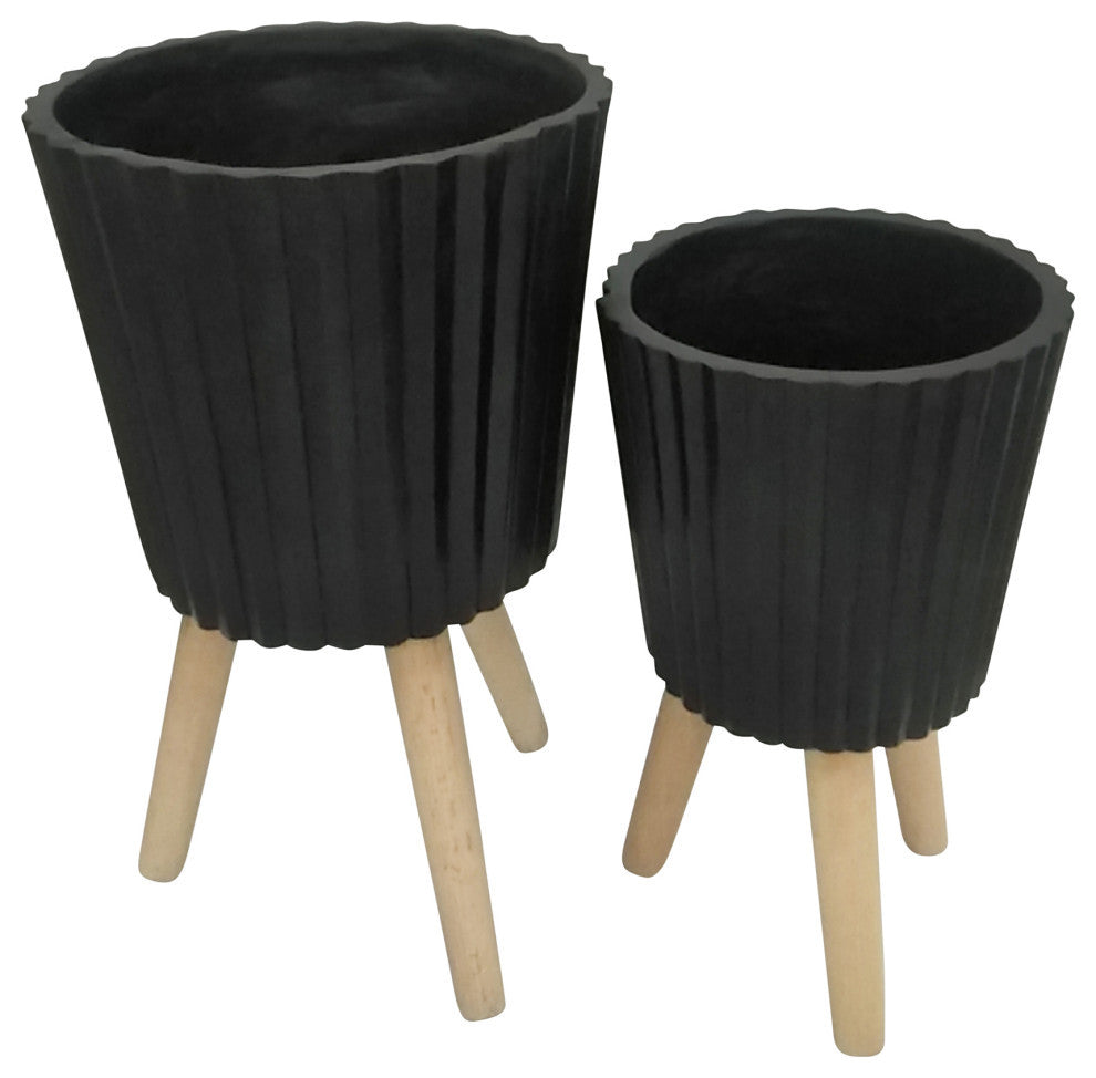 11/15" Ridged Planter With Wood Legs, Black