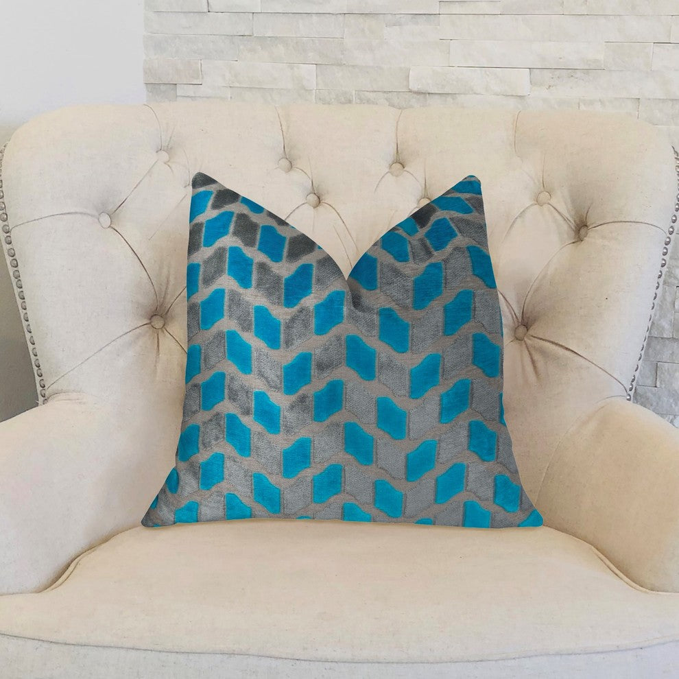 Castle Crest Turquoise and Gray Handmade Luxury Pillow, 18"x18"