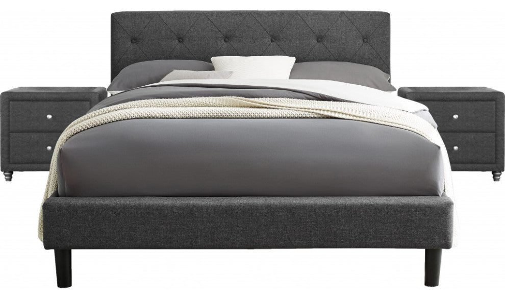 Grey Platform King Bed With Two Nightstands