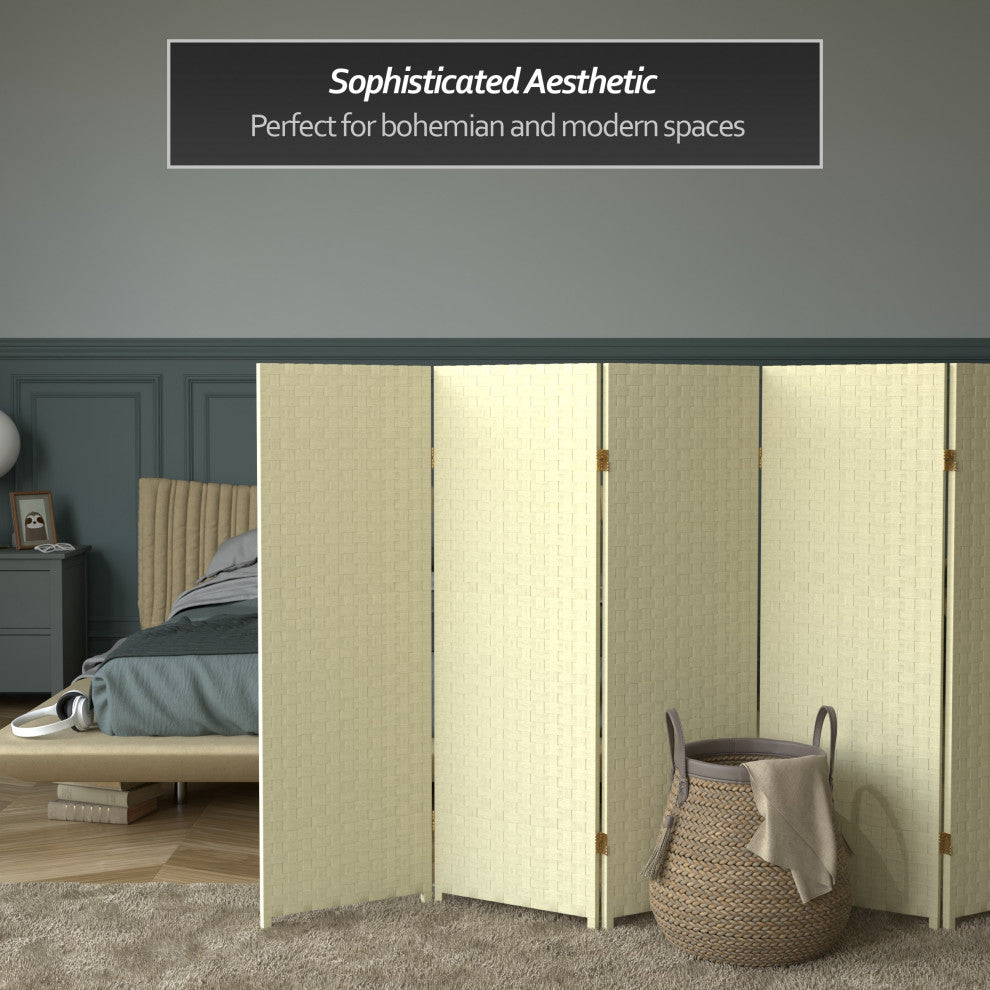 4' Tall Woven Fiber Room Divider, Cream, 6 Panel