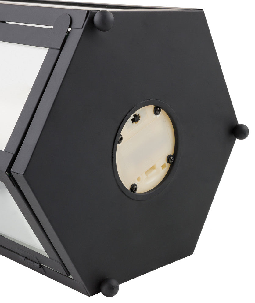 14" Tall Outdoor Hexagonal Battery-Operated Metal Lantern with LED Lights, Black