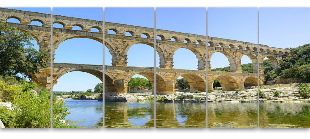 Roman Aqueduct Bridge in France, Bridge Canvas Wall Art, 70"x28", 6 Panels