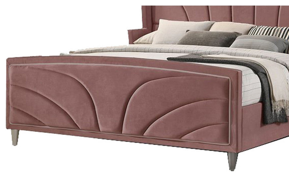 Benzara BM284025 Wood King Size Bed, Wingback Frame, Pink Velvet, Chrome Legs
