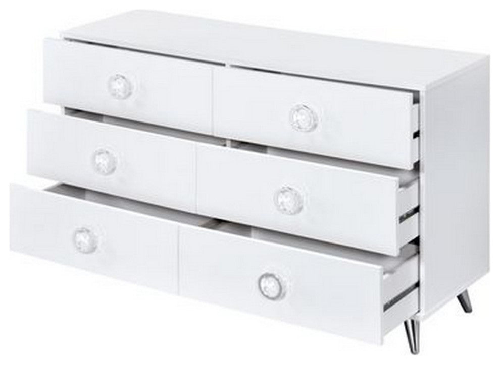 Benzara BM262175 Dresser With 6 Drawers and Angled Metal Feet, White