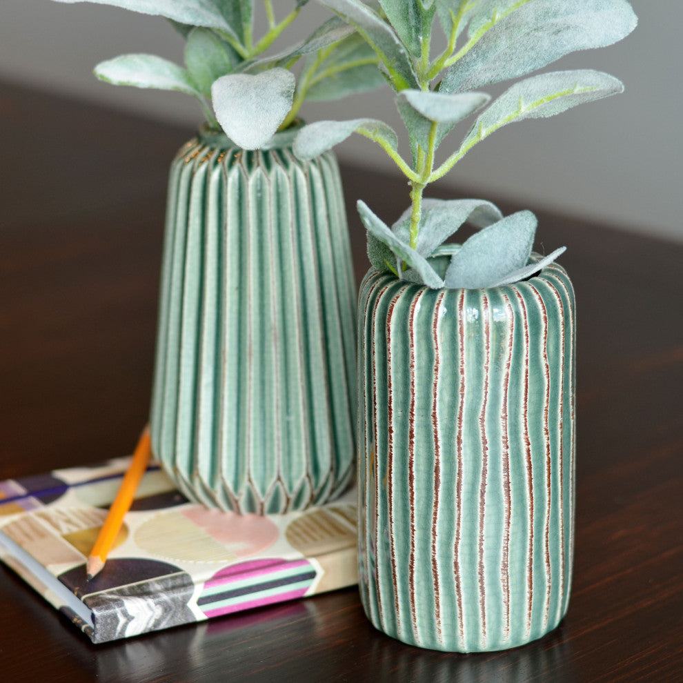 2 Piece Pastel Green Stoneware Table Vase Set