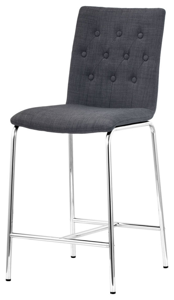 Counter Stool Chair, Set of 2, Steel Metal, Fabric, Gray, Chrome, Cafe