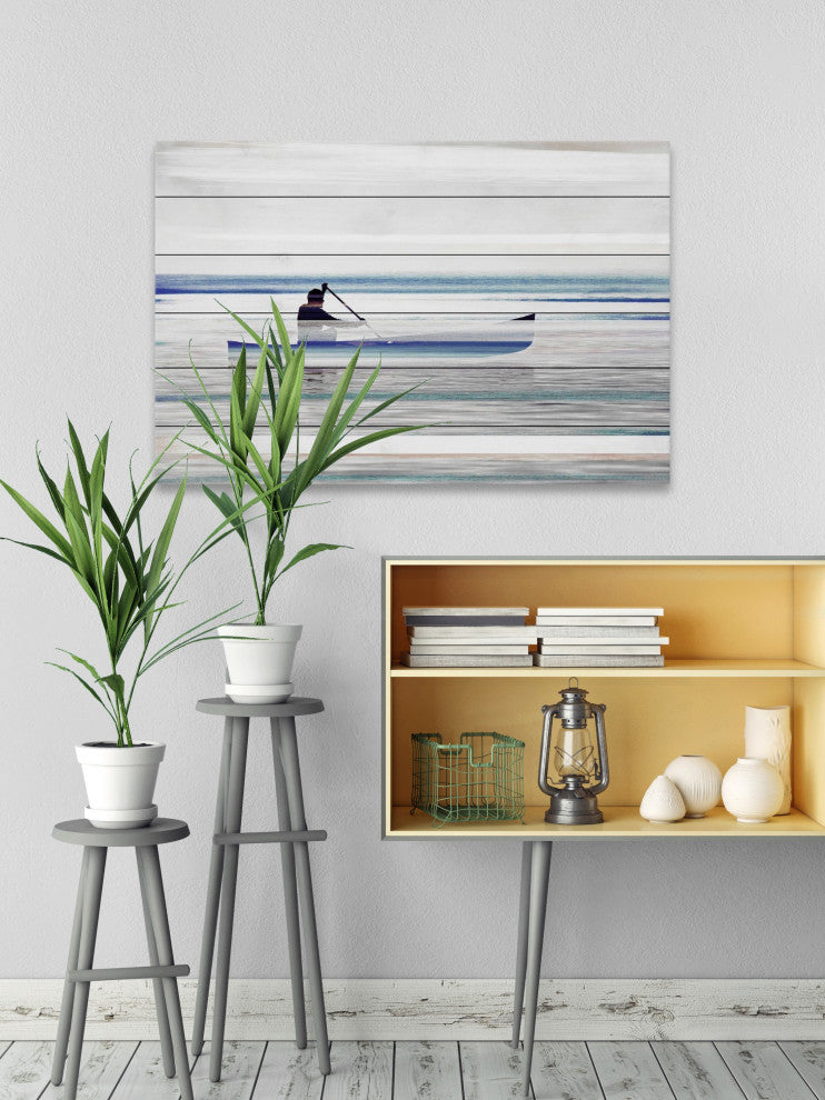 "Canoe on Calm Lake" Print on White Wood, 36"x24"