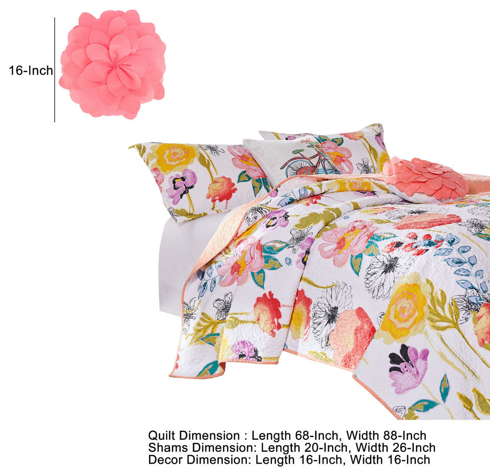 Benzara BM280417 Mavi 4 Piece Reversible Twin Quilt Set, Floral Print