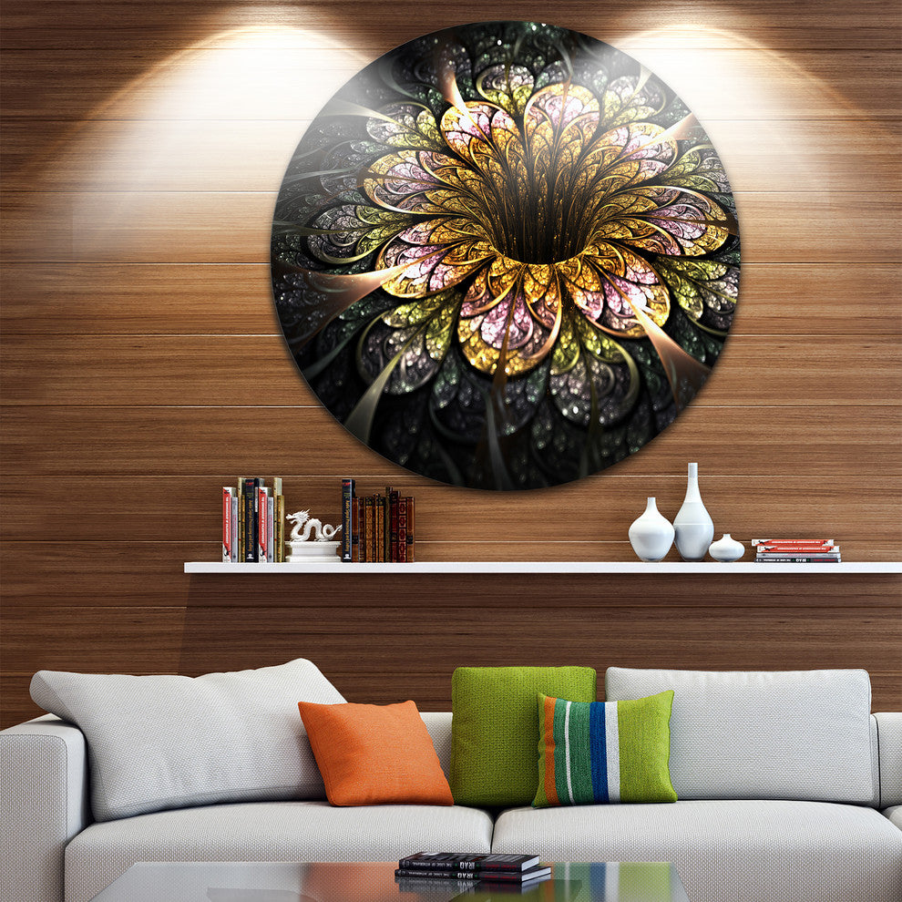 Dark Golden Fractal Flower Digital Art, Floral Round Metal Artwork, 23"