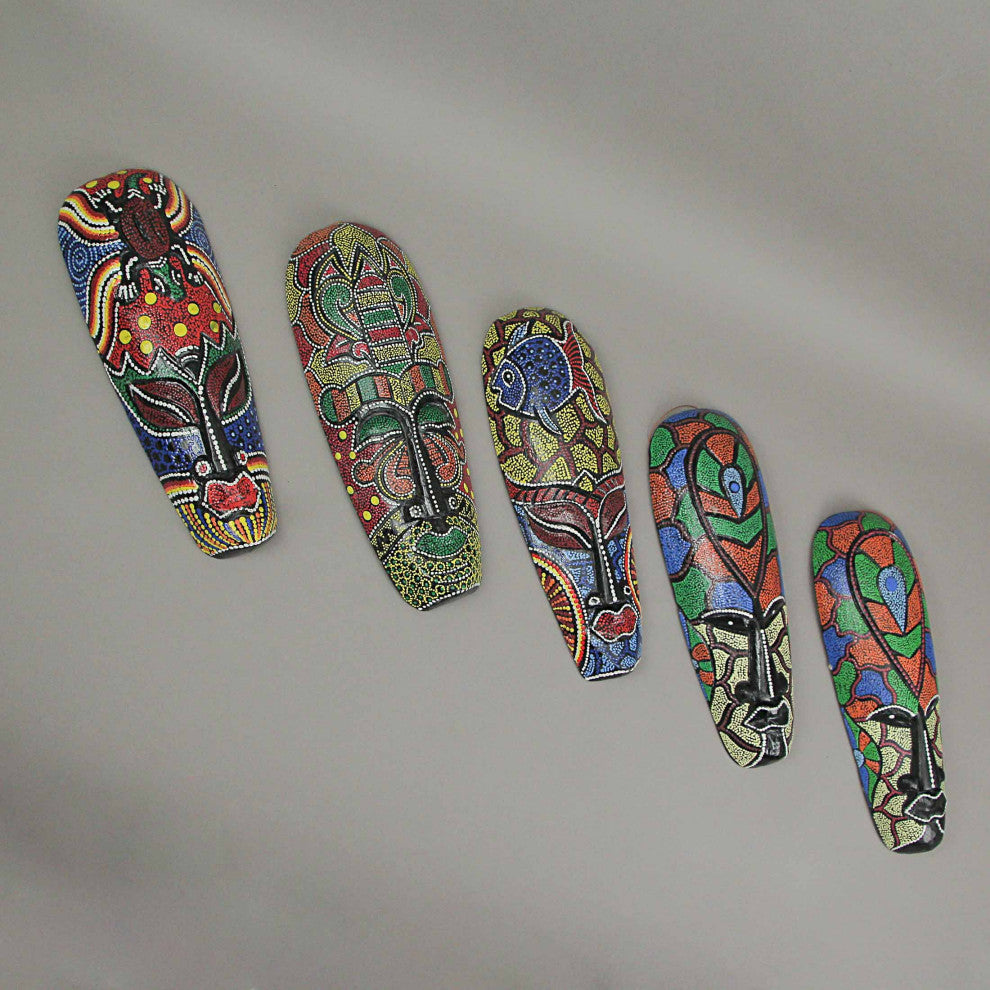 Set of 10 Hand Carved Tropical Dot Painted Tribal Masks 12 Inch Wall Decor