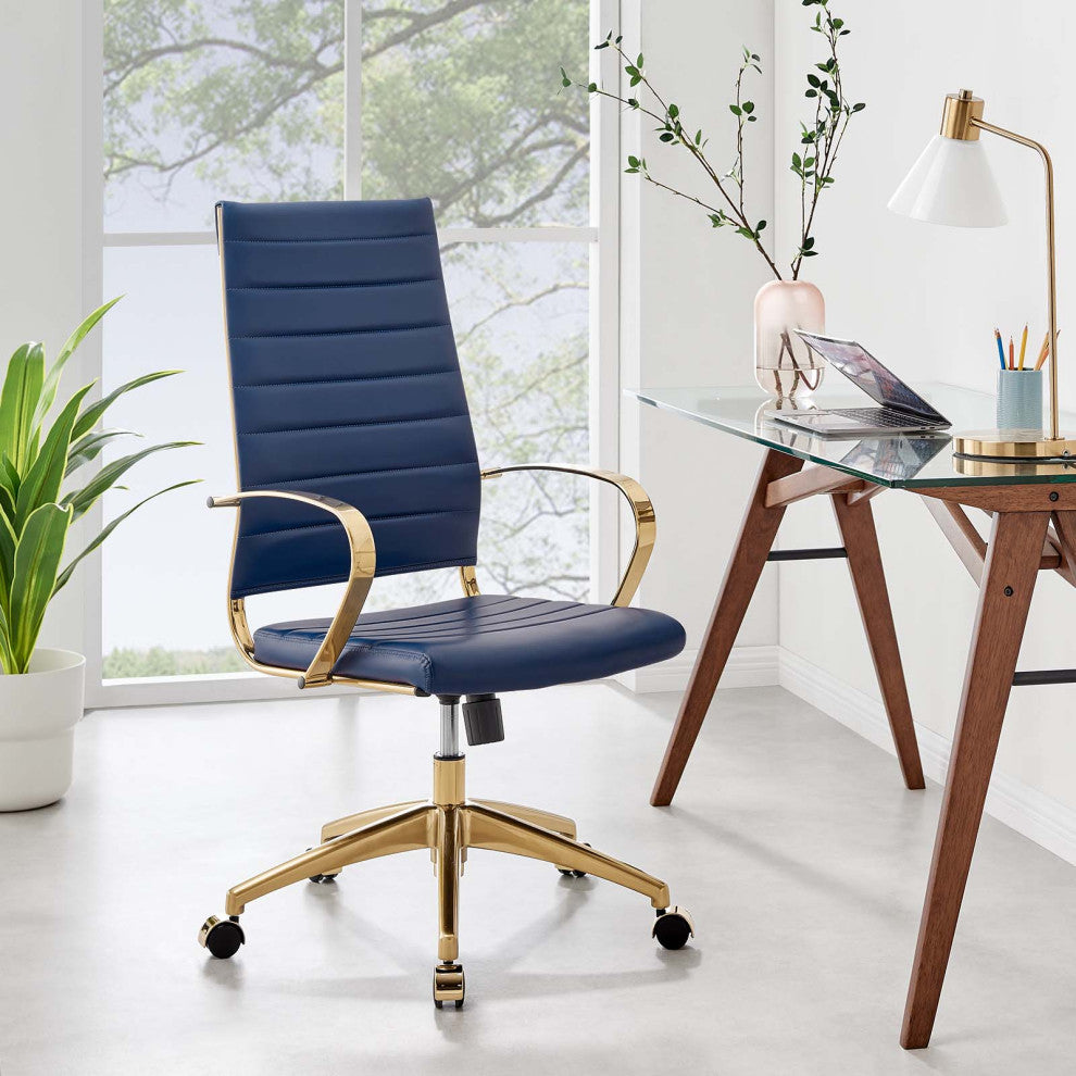 Computer Work Desk High Back Chair, Navy Gold, Faux Vinyl Leather, Home Office
