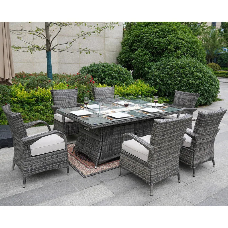 7-Piece Outdoor Wicker Patio Dining Set with 6 Armchairs, Gray