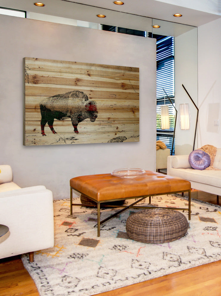 "Lost Buffalo" Painting Print on Natural Pine Wood, 60"x40"