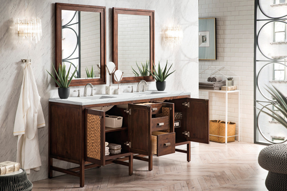 Addison 72" Double Vanity Cabinet, Mid Century Acacia, Ethereal Noctis, Three-Hole