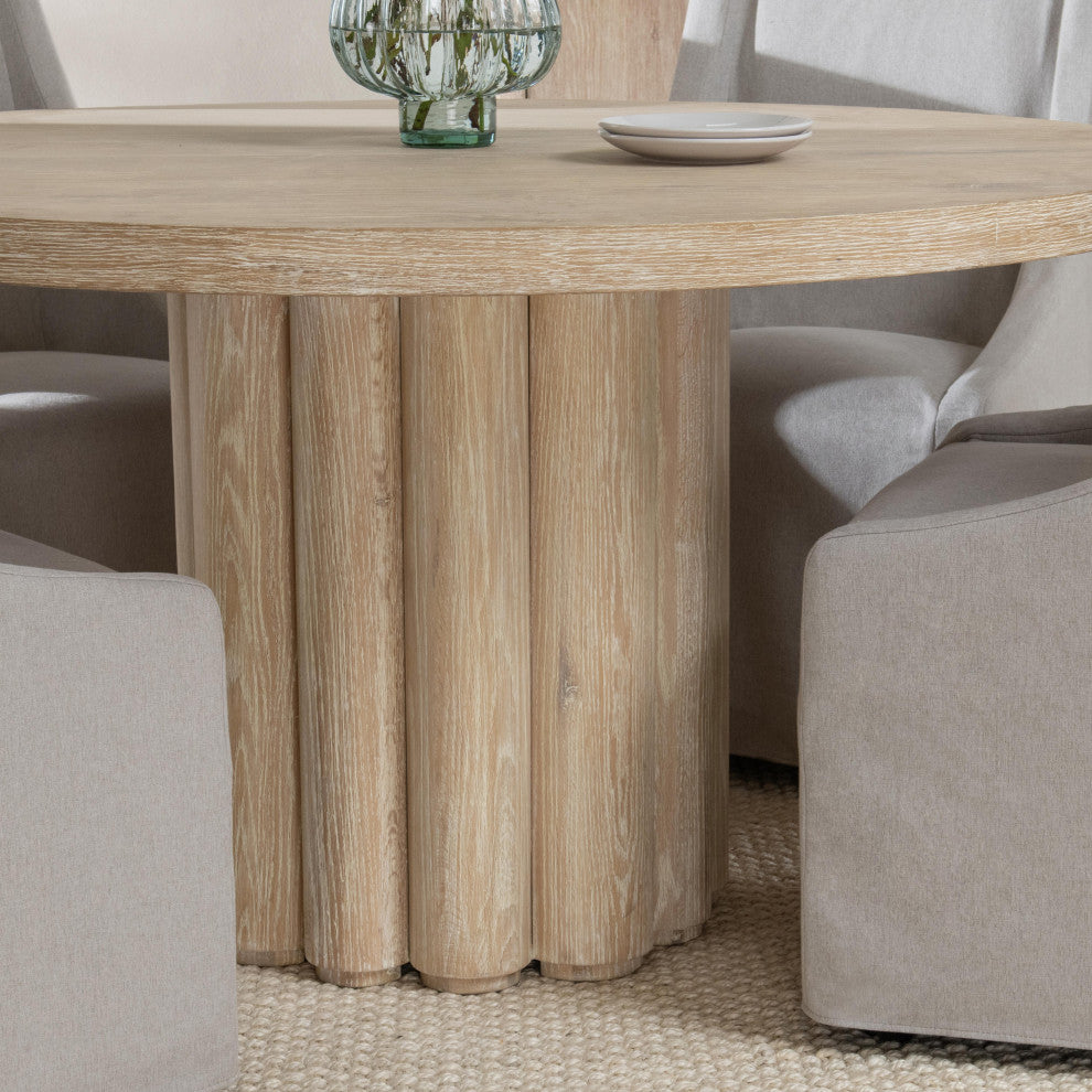 Tiber Oak Wood Round Dining Table, 55", Whitewash