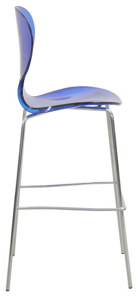 LeisureMod Oyster Acrylic Barstool With Steel Frame Set of 2, Transparent Blue