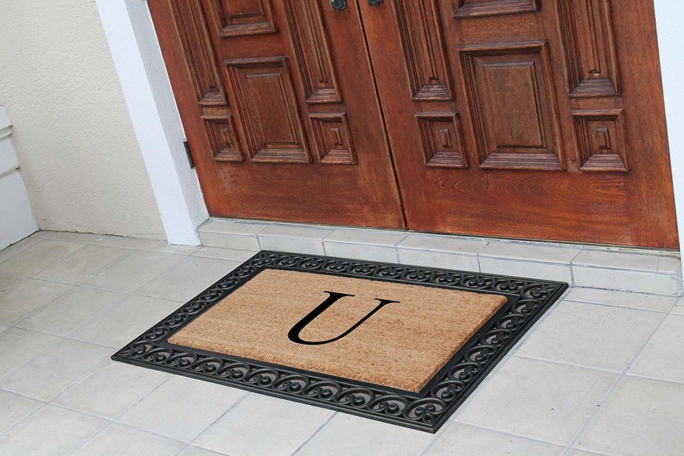 A1HC Black Rubber and Coir Paisley Border Monogrammed Double Doormat, 30"X48", U