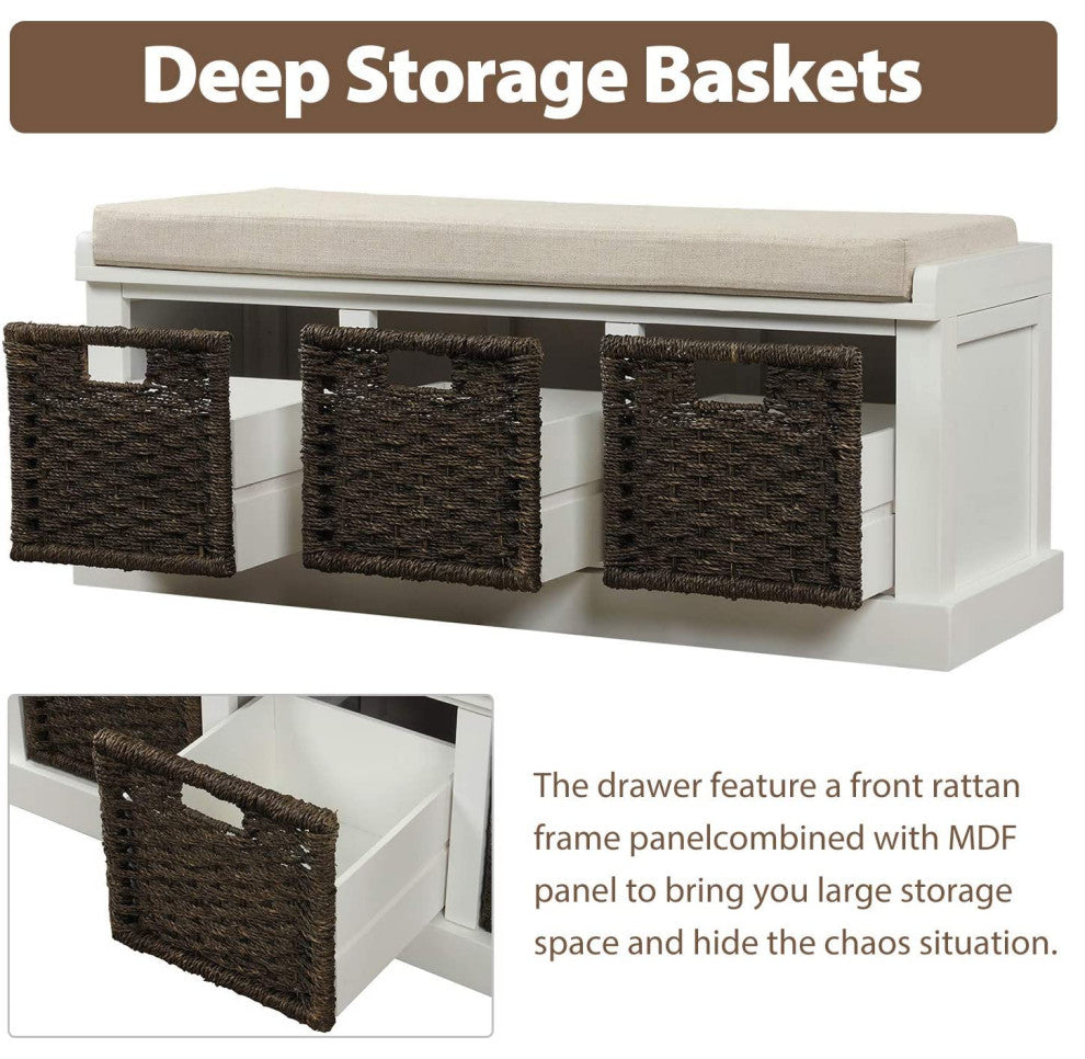 Entryway Rustic Storage Bench with 3 Removable Basket and Cushion