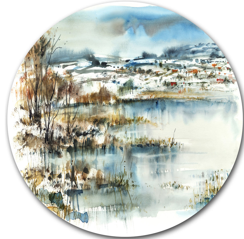 Wide Blue Winter Lake Watercolor, Landscape Round Wall Art, 11"