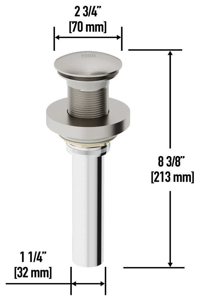 VIGO 1.75" W Bathroom Sink Pop-Up Drain, Brushed Nickel, Without Overflow, Vessel, With Mounting Ring