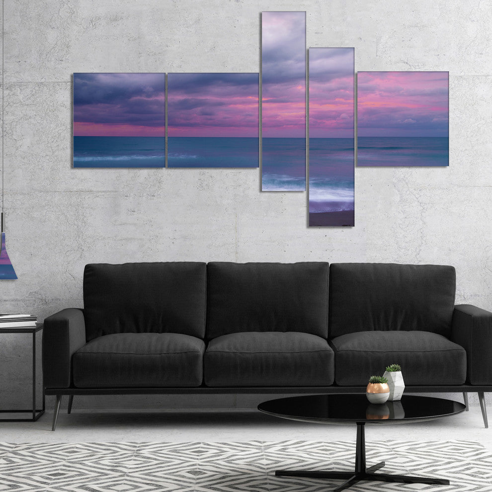 Blue and Pink Unset over Sea, Seashore Canvas Art Print, 60"x32", 5 panels