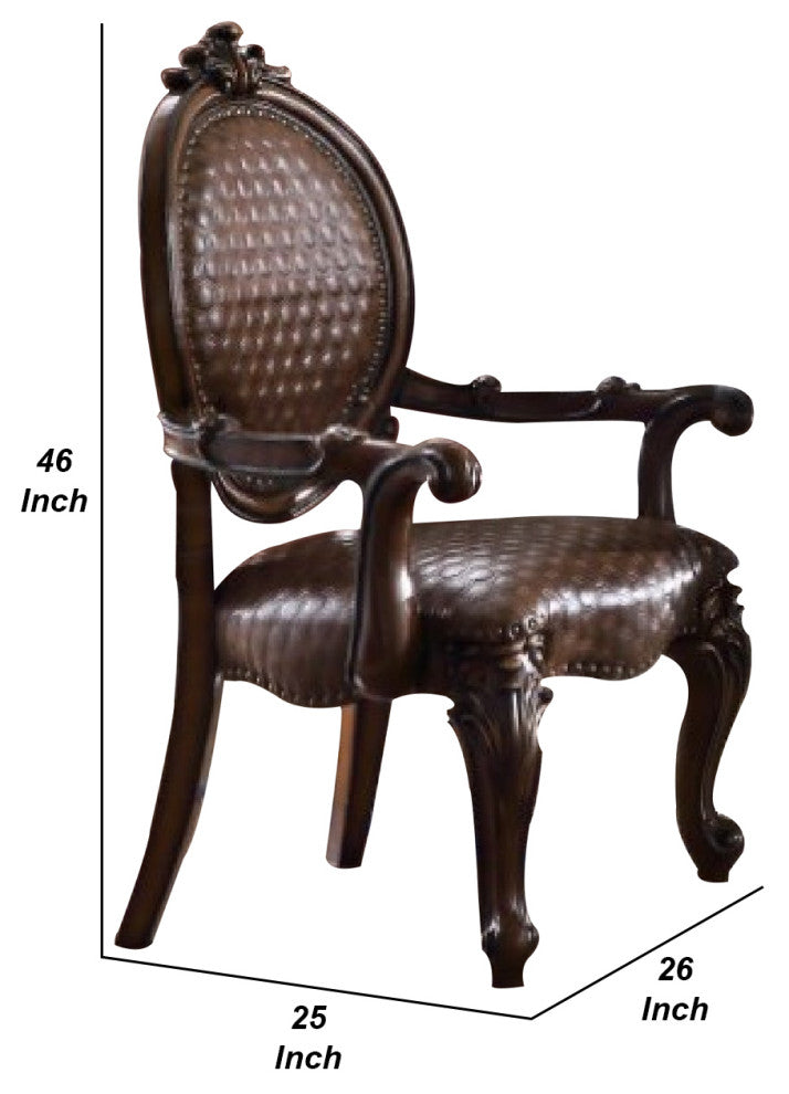 Benzara BM276283 Solid Wood Carved Armchair, Rolled Arms, Vegan Leather, Cherry