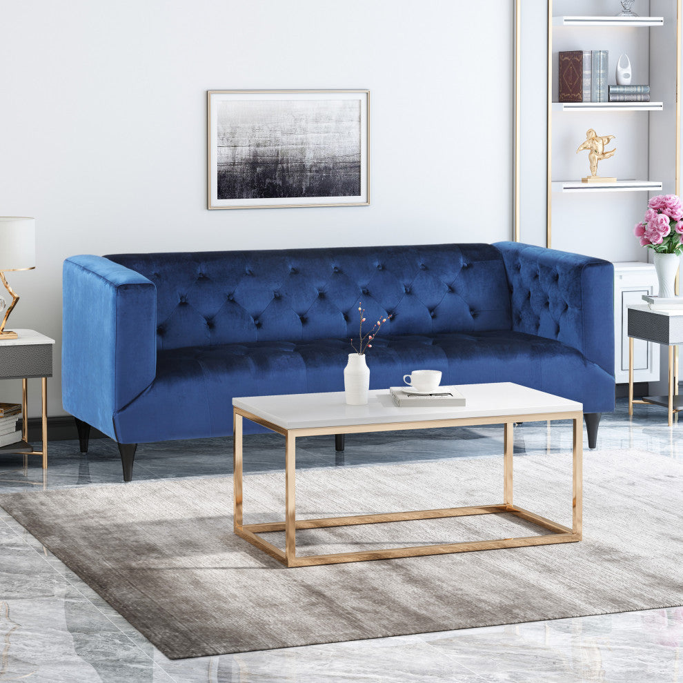Admiral Contemporary Tufted 3-Seater Sofa, Midnight Blue/Espresso/Gold, Midnight Blue/Espresso/Gold