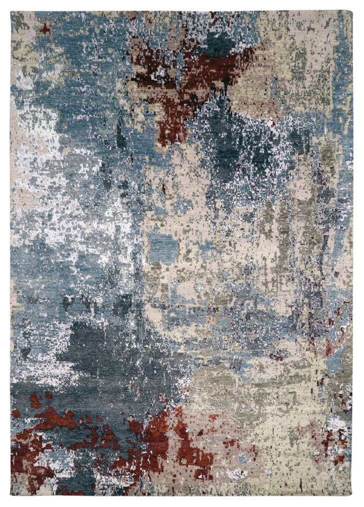 Bone Gray Natural Wool Hand Knotted Abstract Design Oriental Rug, 10'0"x14'2"