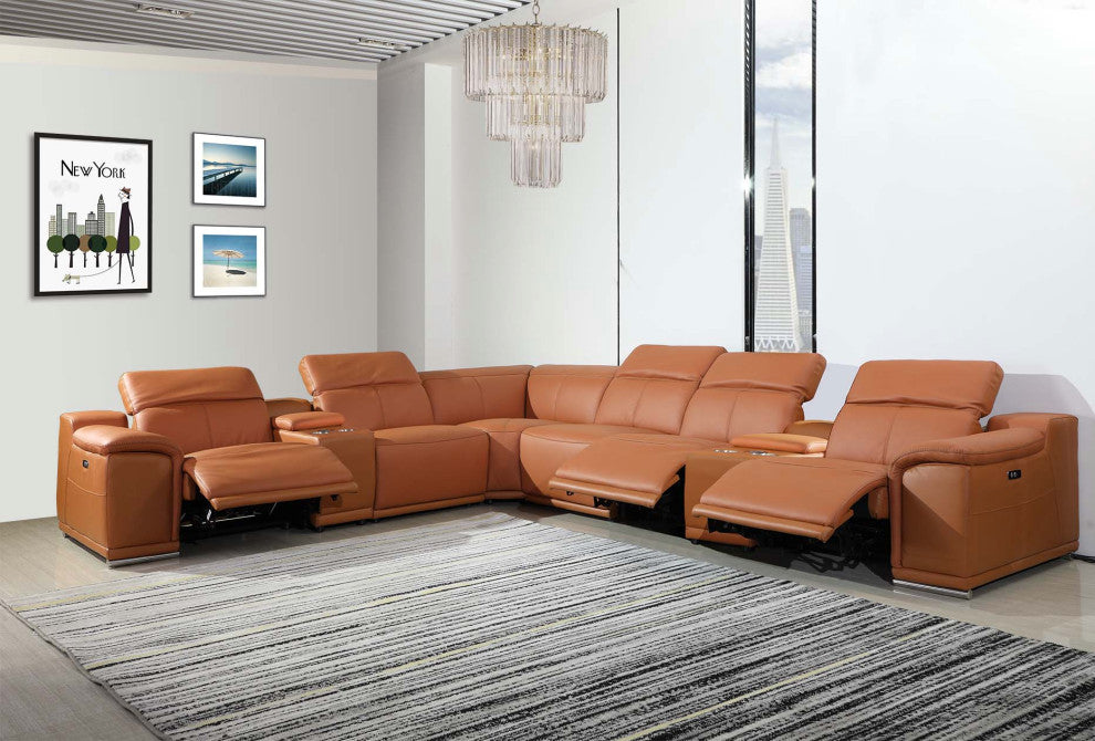 Federico 8-Piece L-Shaped Top Grain Italian Leather Sectional-3 Power Recliners, Camel