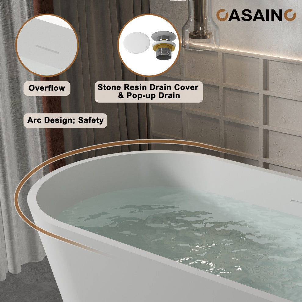 59in White Solid Surface Freestanding Soaking Bathtub with Drain, 59in