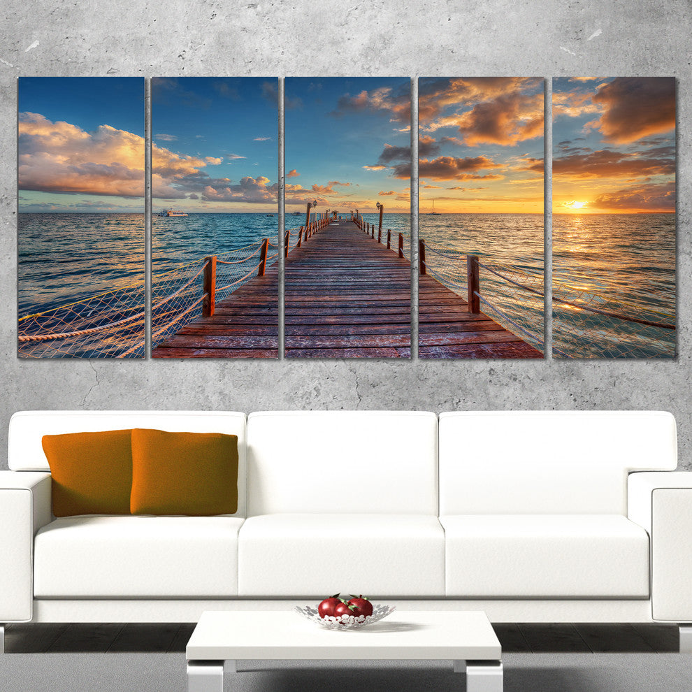 Brilliant Sunrise over Sea Pier, Modern Canvas Print, 60"x28", 5 Panels