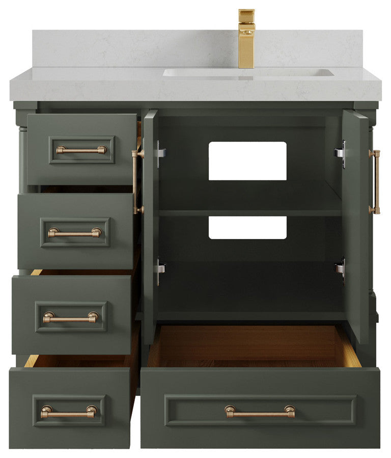 Aberdeen 36 Right Offset Bath Vanity in Pewter Green 2" Carrara Quartz