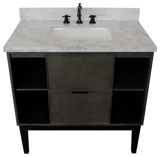 37" Single Vanity, Linen Gray Finish With White Carrara Top And Rectangle Sink