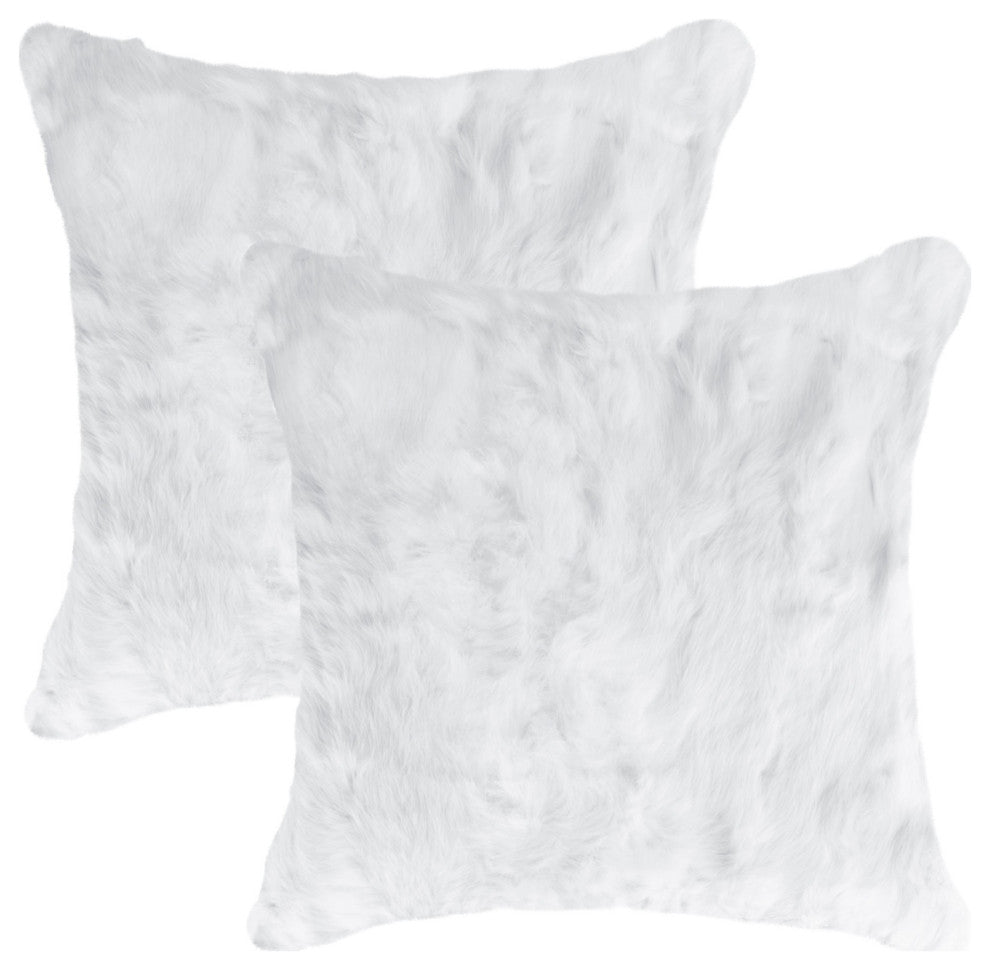Set Of Two 18" White Rabbit Zippered Natural Fur Throw Pillows
