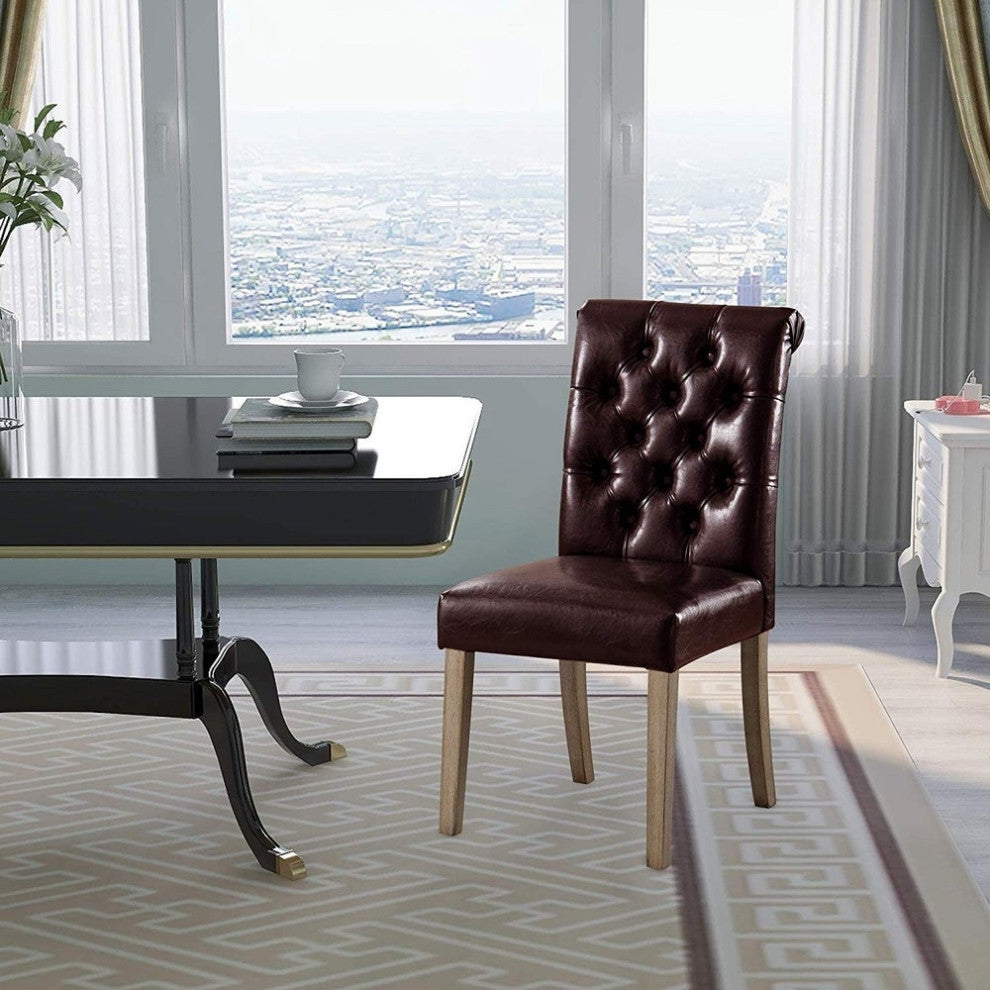 Button Tufted Armless Dining Room Chairs, Set of 2, Brown